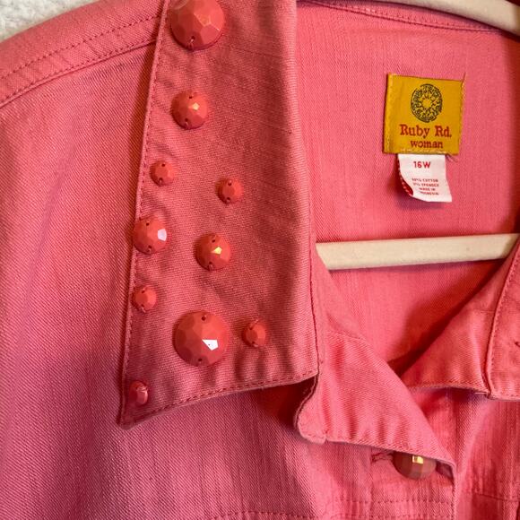 Ruby Rd pink hand beaded button front long sleeve shirt with pockets - Picture 3 of 5